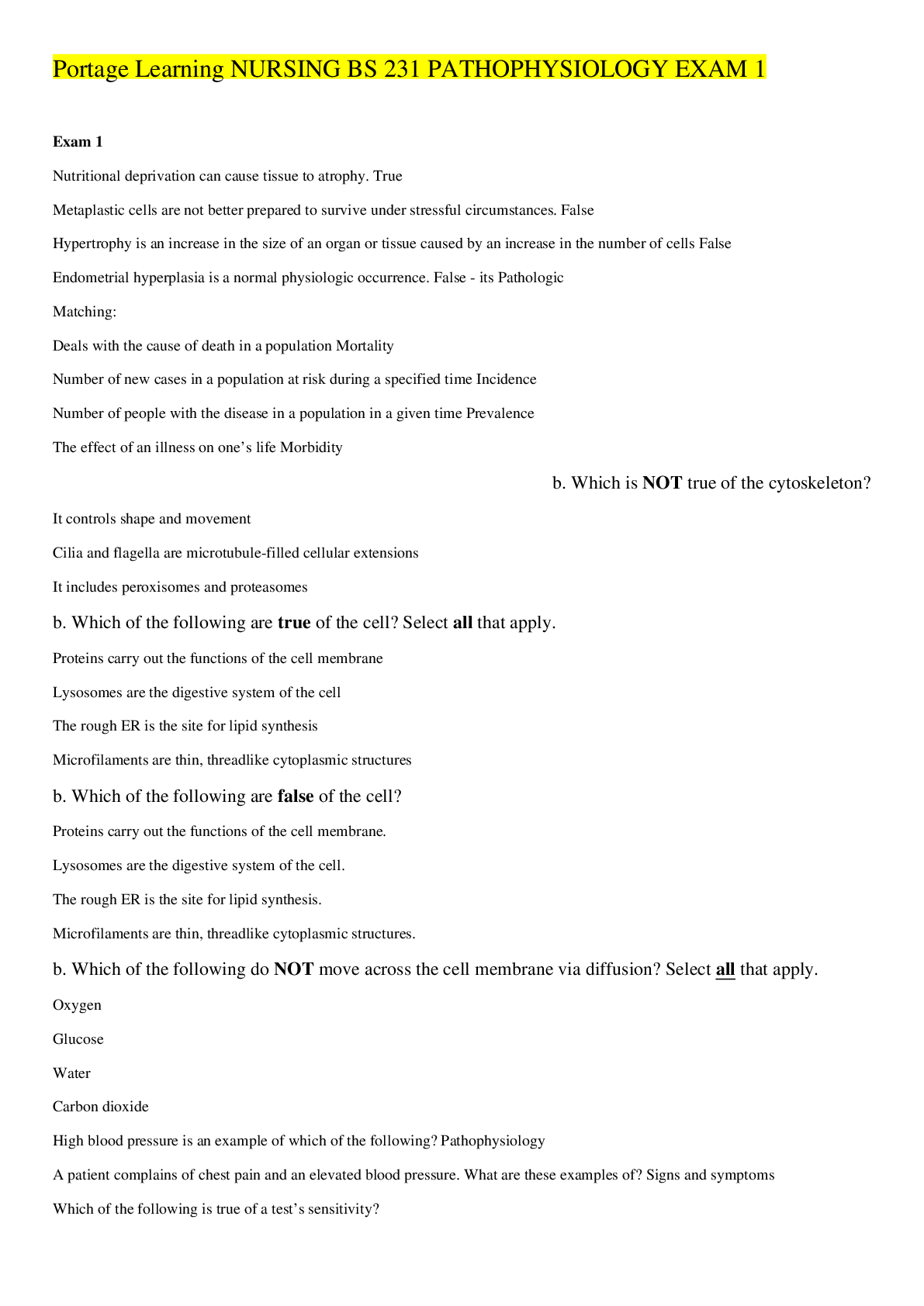 Preview image for Nursing BS 231 Pathophysiology Exam 1 - Portage Learning (100% Correct Answers)| Verified